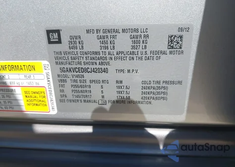 2012 Buick Enclave Leather z USA, uszkodzony, nr VIN 5GAKVCED8CJ420340